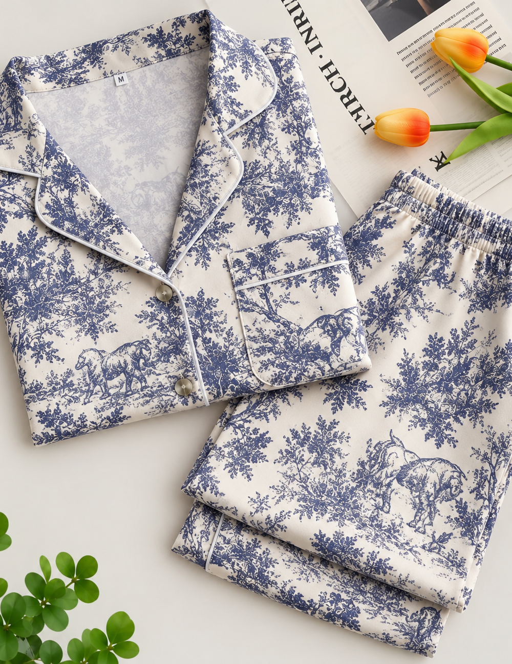 Pyjama satin imprimé en bleu